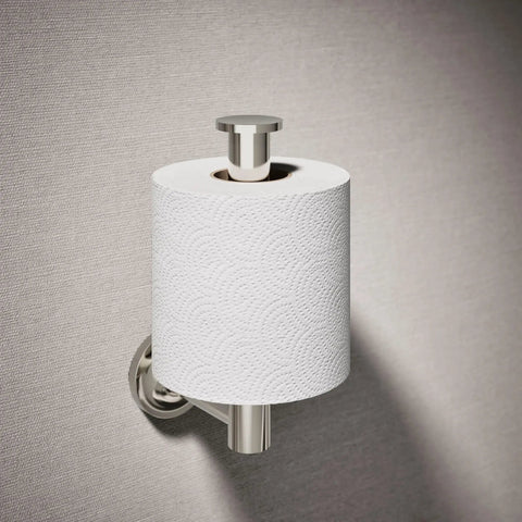 Purist Toilet Tissue Holder K-14444-SN in vibrant polished nickel, vertical mount, solid brass construction, with toilet roll.