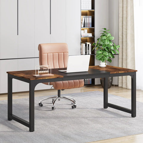 Massive 63-Inch Wide Computer Desk With 31.5-Inch Depth in office setup, vintage black metal frame, chair, laptop, plant