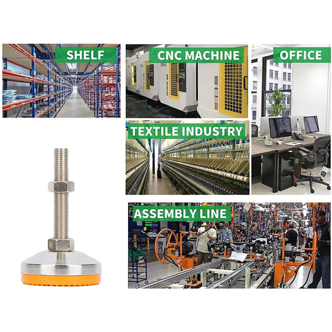 Beastly Tough M12 Leveling Feet For Furniture And Machinery, 4 Pack, Adjustable Floor Protectors With PVC Anti Slip Cushions, 117mm Height, 80mm Base Diameter, 87mm Thread Length, Ideal For Shelves, Equipment, And Industrial Setups on shelf, CNC machine and office