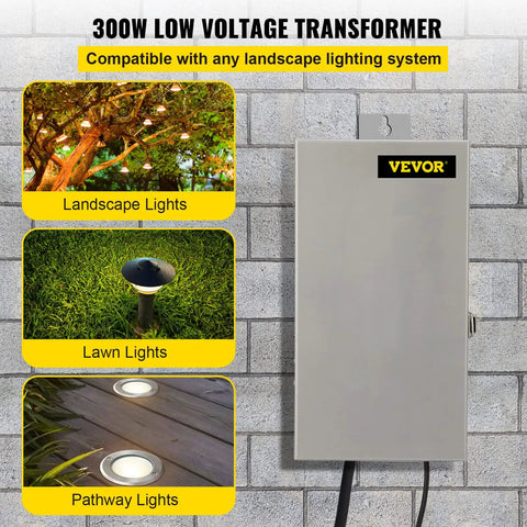 Heavy Duty Stainless Steel Low Voltage Transformer For Outdoor Landscape Lighting 300W Output Multi Tap 12V 13V 14V 15V AC Digital Timer And Photocell Sensor Rugged Weatherproof Landscape Power Transformer with examples of compatible landscape, lawn, and pathway lights showing lighting application.