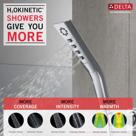H2Okinetic Wall Mount Hand Shower with Massaging Spray and Pause Feature in action, showcasing water spray options and wall mount design.