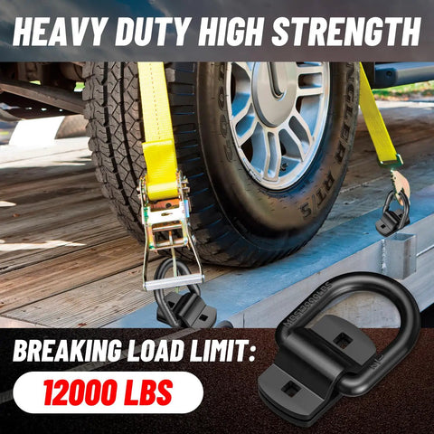 Heavy Duty 1 2 Inch D Ring Tie Down Anchors 4 Pack Black Forged Steel Trailer Setup Rated 3000 Lbs Safe Work Load And Rock Solid Build For Atvs Trucks Cargo with high strength ratchet strap.