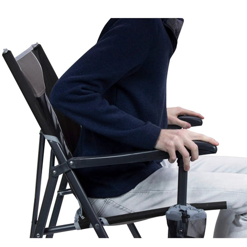 Person sitting on Ultra Easy Fold Up Outdoor Camping Chair For Adults With Mesh Back And Wide Seat Sturdy Powder Coated Steel Frame Portable