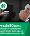 Person cleaning window with household cleaner and wiping surface with cloth, suggesting effective use on household items.