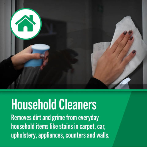 Person cleaning window with household cleaner and wiping surface with cloth, suggesting effective use on household items.