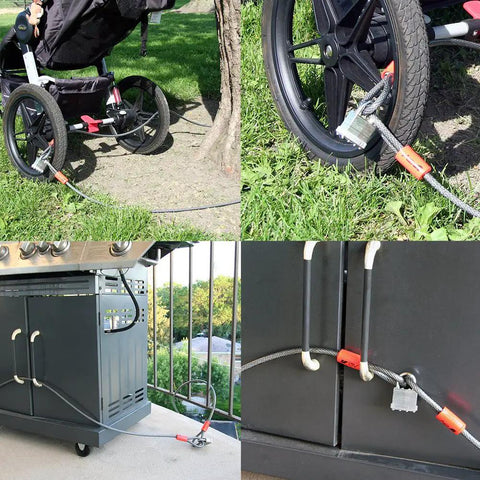 Heavy Duty 30Ft Security Cable With Loops 10mm Braided Steel securing stroller, bike, and grill, weatherproof lock system in use
