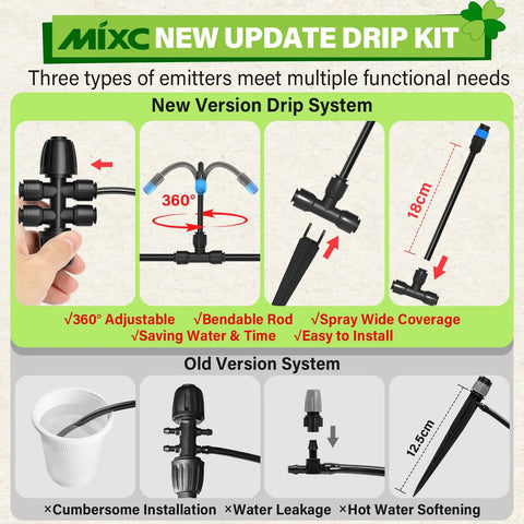 Comparison of new and old drip systems featuring the Upgraded 2026 360 Degree Adjustable Drip Irrigation Kit With Bendable Tubing.