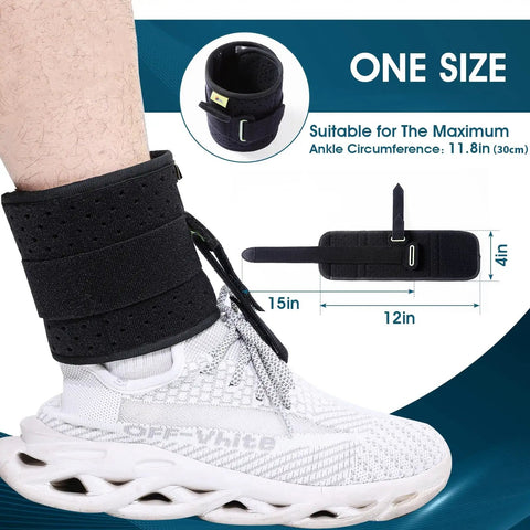 Adjustable Drop Foot AFO Brace For Unisex Use on ankle with size guide, breathable black fabric, one size fits all.
