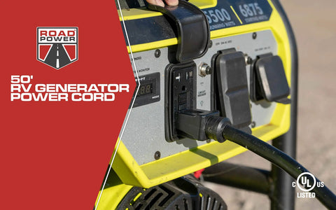 Beefy 50 Foot Generator Extension Cord With 10 Gauge 3 Conductors connected to outdoor generator at job site.