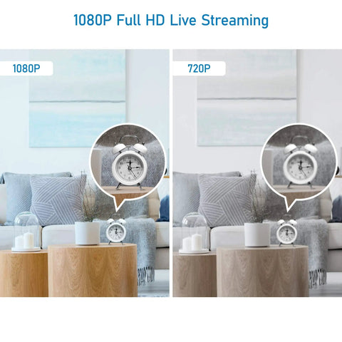 Comparison of 1080P vs 720P resolution in a living room, showing video clarity with 1080P Home Security Camera Kit, 2 Pack With Free SD Cards.