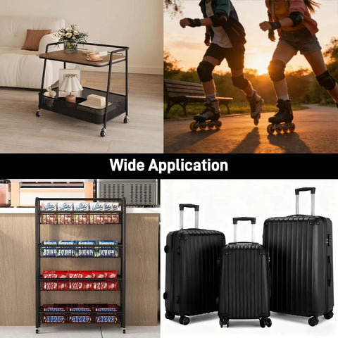 Heavy Duty Universal Luggage Replacement Wheels 64x24mm Dead Silent PU Caster for travel bags on display with various products.