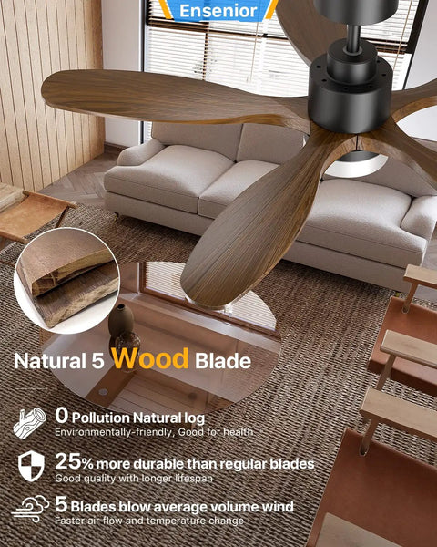 52 Inch Ceiling Fan With Remote And Light, Five CCT Options, Dimmable LED, 1200 Lumens, 18W, Five Wood Blades in living room