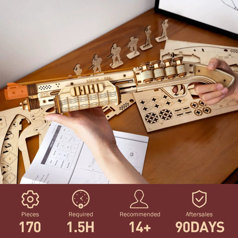 3D Wooden Puzzle Rubber Band Gun Kit For Adults And Teens Buildable Toy Shotgun Model, laser-cut wood, 170 pieces, assembled view