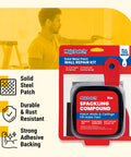 No Fuss All In One Drywall Repair Kit With 8 Oz Spackling Compound 4 Inch By 4 Inch Adhesive Metal Patch Spackling Knife And Sanding Pad