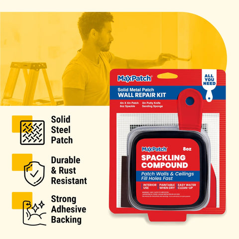 No Fuss All In One Drywall Repair Kit With 8 Oz Spackling Compound 4 Inch By 4 Inch Adhesive Metal Patch Spackling Knife And Sanding Pad