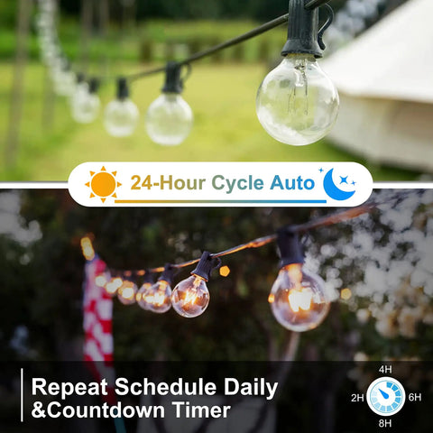 Outdoor String Light Dimmer Plug 560W With Daily Timer And Memory, string lights on patio at day and night settings.