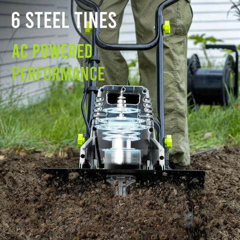 Close-up of 18 Inch Electric Tiller Cultivator with 8.7 Inch Depth and 24 Steel Tines in action, tilling garden soil.