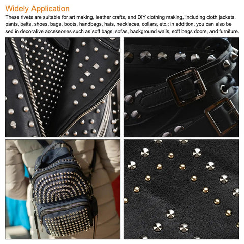 Premium Silver Tone Flat Head Rivet Studs Screw Back Setting Solid Alloy Hardware For Leather Crafting Projects on a leather jacket.