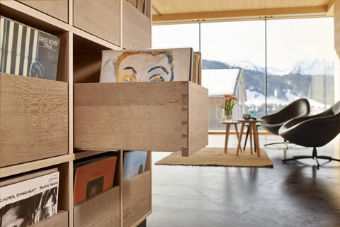 21 Inch Undermount Drawer Slides With Soft Close Action, Full Extension Cabinet Runners For Wood Drawers, shown in modern setting with wooden drawers.