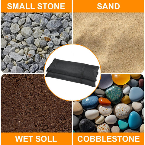 Heavy Duty Sandbags For Outdoor Umbrella Base Set Of 2, Weatherproof Sunshade Weights shown with various filler options: stone, sand, soil, cobblestone.
