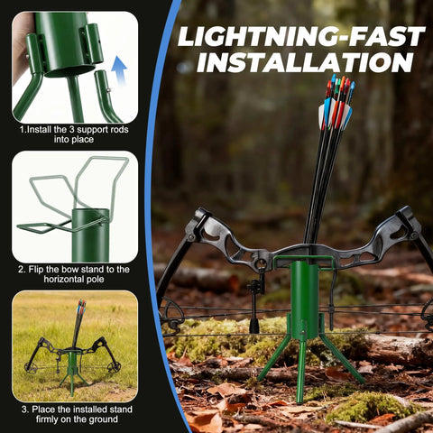 Foldable Bow Stand With Quiver Holder For Compound Bows And Traditional Longbows Ground Archery Stand For Backyard Target Practice And Hunting Holds 30 To 40 Arrows Green Thirteen Point Six Inch 1 Pack installation steps