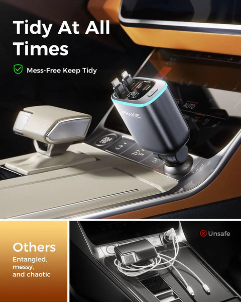 Car USB C Fast Charger With Retractable Cables 4 In 1 Cigarette Lighter Adapter installed in car console.