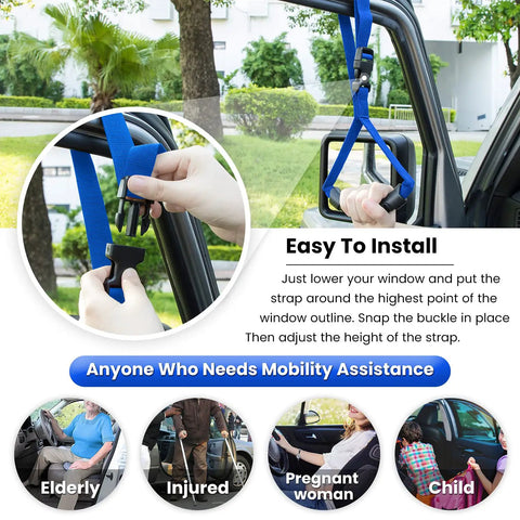 Adjustable Vehicle Grab Handle With Rock Solid Non Slip Nylon Grip For Effortless Car Entry Exit Standing Support Aid Bar For Seniors Pregnant Passengers Universal Mount Blue Two Pack