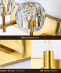 Close-up of 4 Light Crystal Bathroom Vanity Light Fixture Over Mirror With Gold Chrome Finish And Round Shade Wall Sconce Modern Bath Lighting