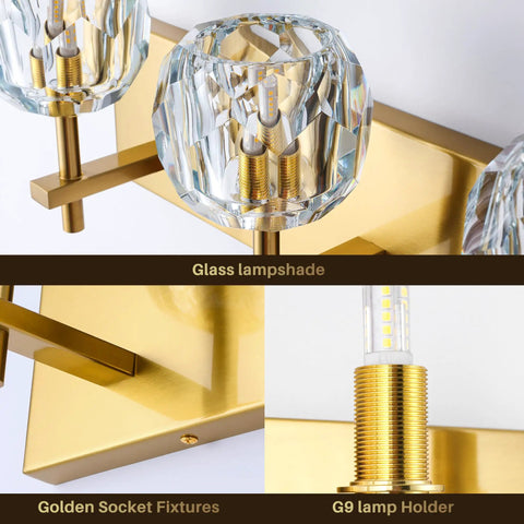Close-up of 4 Light Crystal Bathroom Vanity Light Fixture Over Mirror With Gold Chrome Finish And Round Shade Wall Sconce Modern Bath Lighting