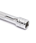 Close-up of chrome extension from Three Eighth Inch Drive Ratchet And Drive Tools Set With Eighty Four Tooth Full Polish Chrome Ratchets