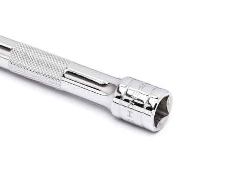 Close-up of chrome extension from Three Eighth Inch Drive Ratchet And Drive Tools Set With Eighty Four Tooth Full Polish Chrome Ratchets