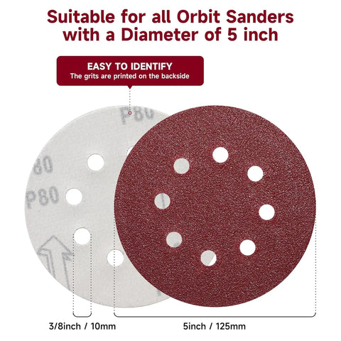 Solid 100 Pcs 5 Inch Sanding Discs With Hook And Loop Backing For Random Orbital Sanders, showing a red 80 grit disc and a white disc.