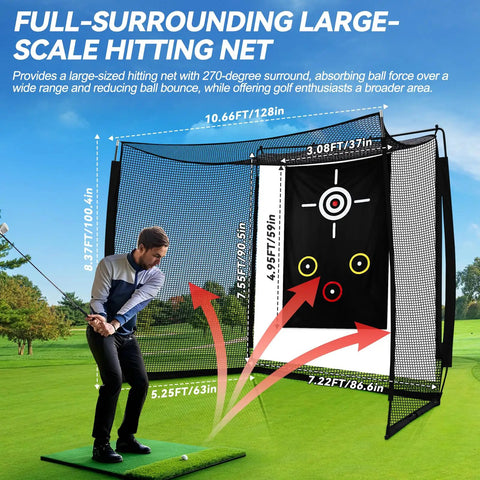 Golfer using Golf Practice Hitting Net With HD Simulator Screen And Target Cloth 10x8 Ft Pro Grade Net with arrows showing dimensions