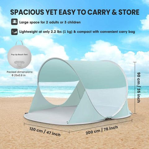 Go To Easy Pop Up Beach Shelter For 1 To 2 People With UPF Fifty Plus UV Protection Set Up In Seconds, spacious and easy to carry.