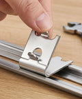 Close-up of Heavy Duty Stainless Steel Freezer Shelf Clips Set being installed on fridge rack, showing secure grip and design.