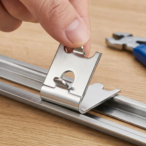 Close-up of Heavy Duty Stainless Steel Freezer Shelf Clips Set being installed on fridge rack, showing secure grip and design.