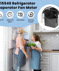 Two women arranging food in kitchen near Whirlpool refrigerator with 2315549 evaporator fan motor inset showing product details.