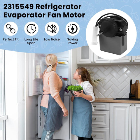 Two women arranging food in kitchen near Whirlpool refrigerator with 2315549 evaporator fan motor inset showing product details.