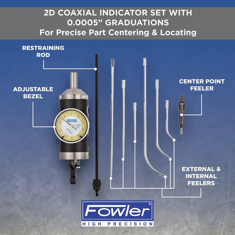 Coaxial Indicator Set Two Dimensional Precision With 0.250 Inch Range And 0.0002 Inch Readability Includes Internal External And Center Point Feelers And Case For Pro Grade Machining Alignment displayed with components