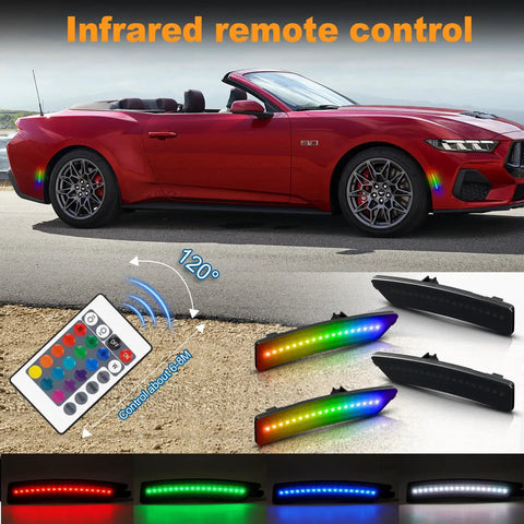 Ford Mustang S650 RGB LED Side Marker Lights Kit Smoked Lens Front And Rear Bumper Lamps with 16 Color Remote Control