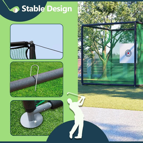 Backyard Golf Hitting Net Cage With Mat And Target, Heavy Duty Iron Frame Practice Net For Indoor Outdoor Use, setup details