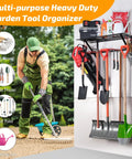 Multi-purpose heavy duty garden tool organizer with various tools stored, including shovels and rakes, mounted on wall.