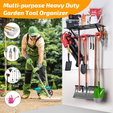 Multi-purpose heavy duty garden tool organizer with various tools stored, including shovels and rakes, mounted on wall.