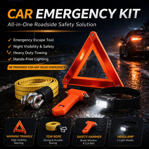 Beefed Up Car Roadside Emergency Kit with visible warning triangle, tow rope, safety hammer, and headlamp for quick fixes on the road.