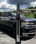 50 Cal Bullet Antenna With American Flag Finish For Ford F150 F250 F350 Super Duty Ford Raptor Bronco Trucks Anti Theft Technology Replacement Accessory And Black Tire Stem Caps in front of Ford truck, showing ABS material and aluminum alloy features.