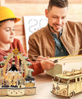 Basswood sheets for DIY crafts in light wood color; man and child assemble wooden models.