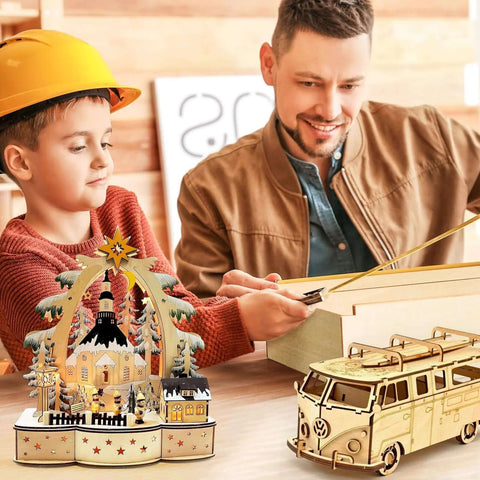 Basswood sheets for DIY crafts in light wood color; man and child assemble wooden models.