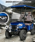 Rugged Off Road 4 Seater Electric Golf Cart With 5 Kw Motor And Hella Smooth Ride For Park Tours And Hotel Shuttles Featuring Fast Charging And Tons Of Trunk Room In Fresh Blue, showcasing shock absorption system.