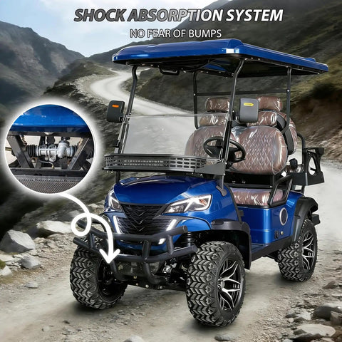 Rugged Off Road 4 Seater Electric Golf Cart With 5 Kw Motor And Hella Smooth Ride For Park Tours And Hotel Shuttles Featuring Fast Charging And Tons Of Trunk Room In Fresh Blue, showcasing shock absorption system.
