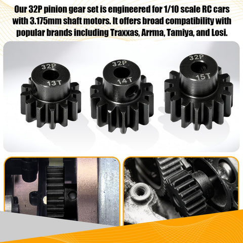 Three-Piece 32P Pinion Gear Set Hardened Steel 3.175mm Shaft 45 Pitch 13T 14T 15T 0.8M For 1 By 10 Scale RC Cars Upgrade Compatible